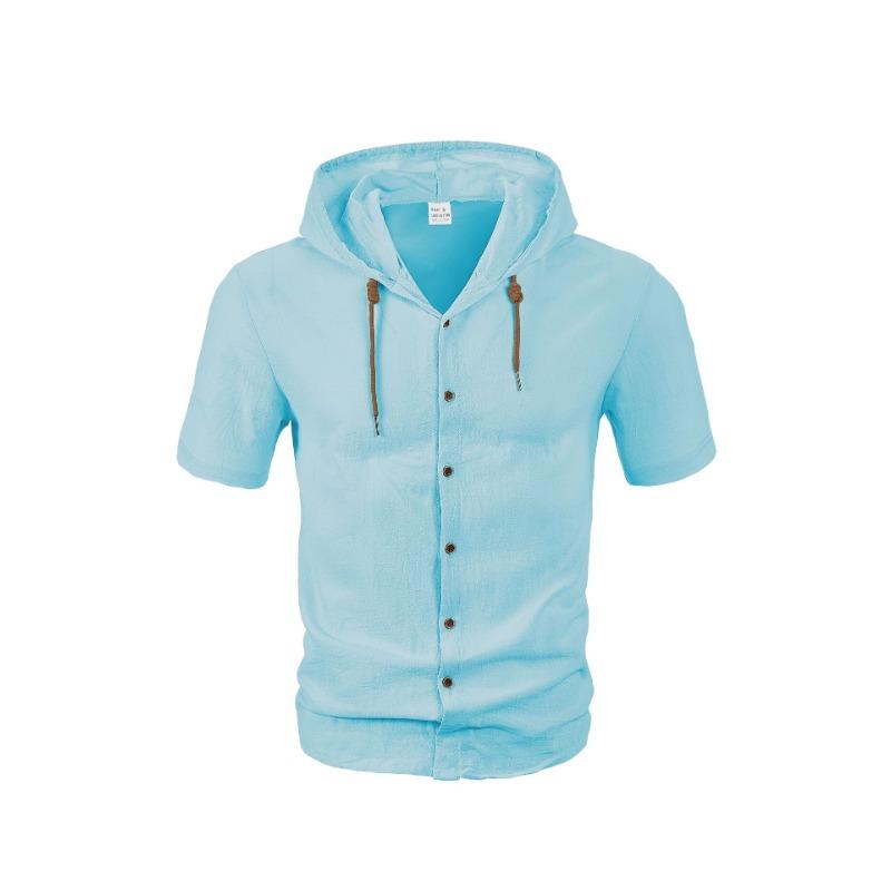 Men's Solid Color Cotton and Linen Cardigan Trendy and Versatile Loose Casual Short-sleeved Men's Shirt Hoodie