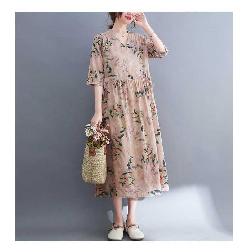 Plus Size V-ringad Långklänning Etniskt Tryckta Delade Ärmar Lös Midja Knytdetalj Klänningar