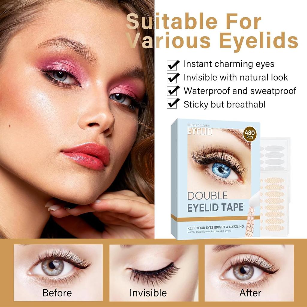 Double Eyelid Tape, Invisible Eyelid Tape, 2 Different Types of Eyelid Lifter Strips, Waterproof & Long-Lasting Eye Shaping Strips for Instant