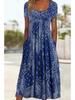 Europäisches & Amerikanisches Sommer Retro Print Mittelhoher Taillenlanger Kleid - Kurzarm, Rundhalsausschnitt, Bequemer Lässiger Stil Pullover
