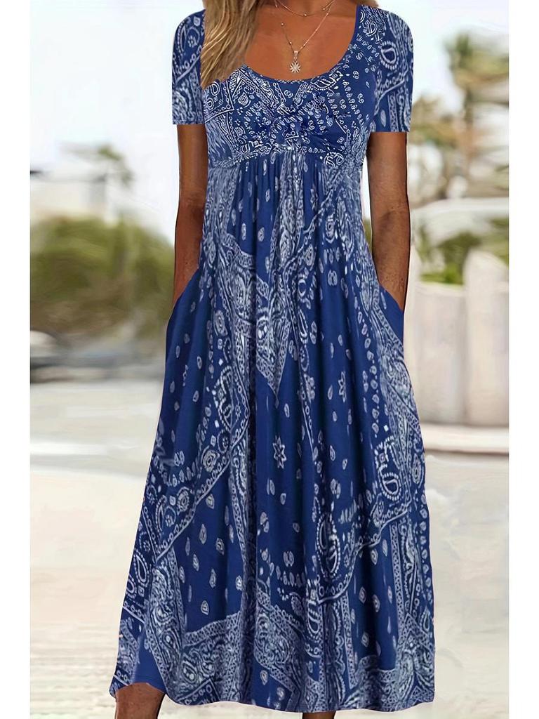 Europäisches & Amerikanisches Sommer Retro Print Mittelhoher Taillenlanger Kleid - Kurzarm, Rundhalsausschnitt, Bequemer Lässiger Stil Pullover