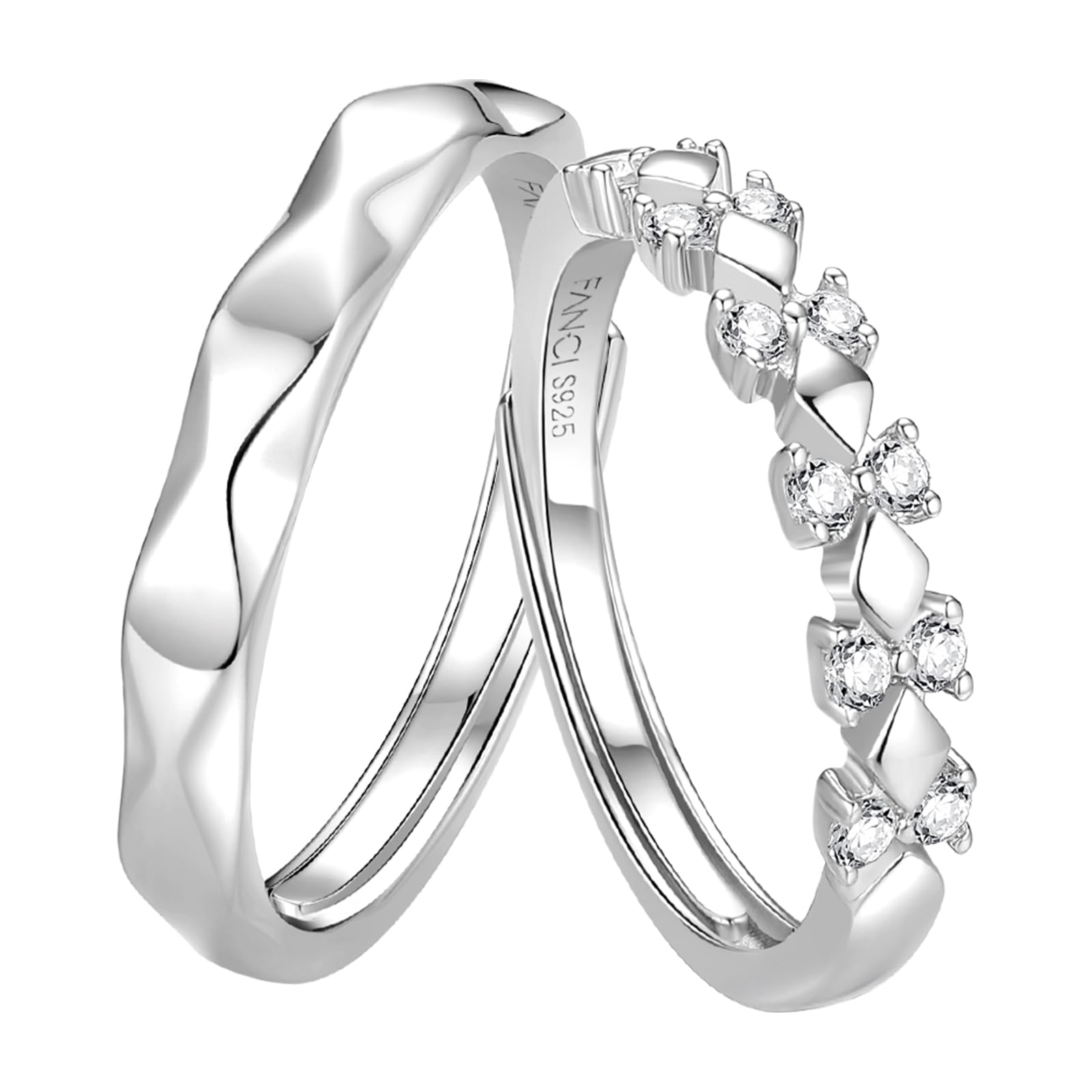 

FANCIME Matching Rings for Men and Set of Ribbon Cut Rings with Zirconia and Sterling Silver Sparkling Couples Engagement Wedding White Day