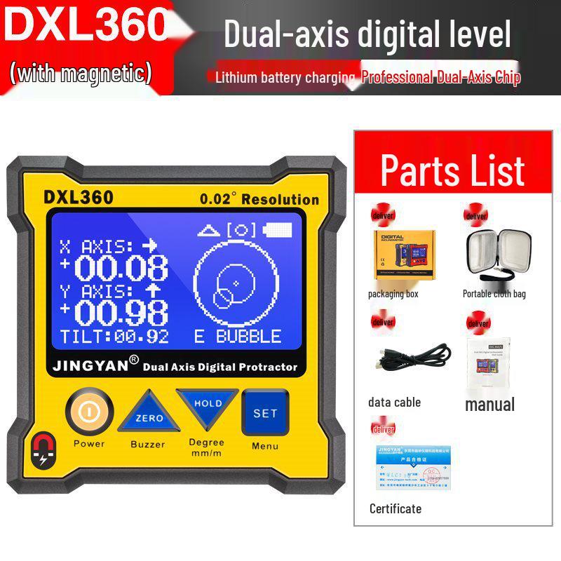 Jingyan DXL360S High-Precision Dual-Axis Digital Inclinometer with Gyroscope & Lithium Battery