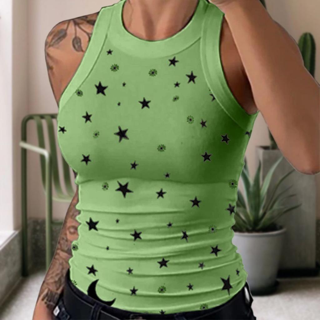 Women's Crew Neck Sleeveless Tank Top Slim Fit Striped Star Print Casual Camisole Tee