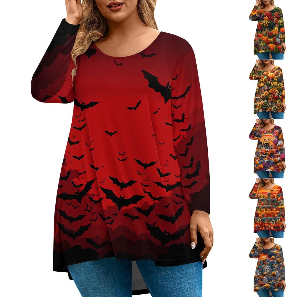 Dames Mode Grote Maat Ronde Hals Lange Mouwen Casual Halloween Print Losse Pullover Top
