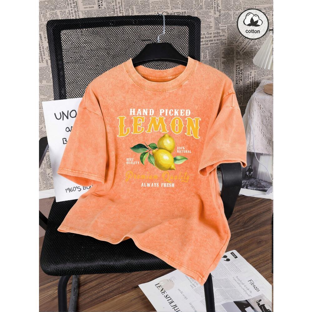 Hand Picked Lemon Always Fresh Print Washed T Shirt Women Cotton Clothes O-Neck Casual T-Shirt Loose Summer Top