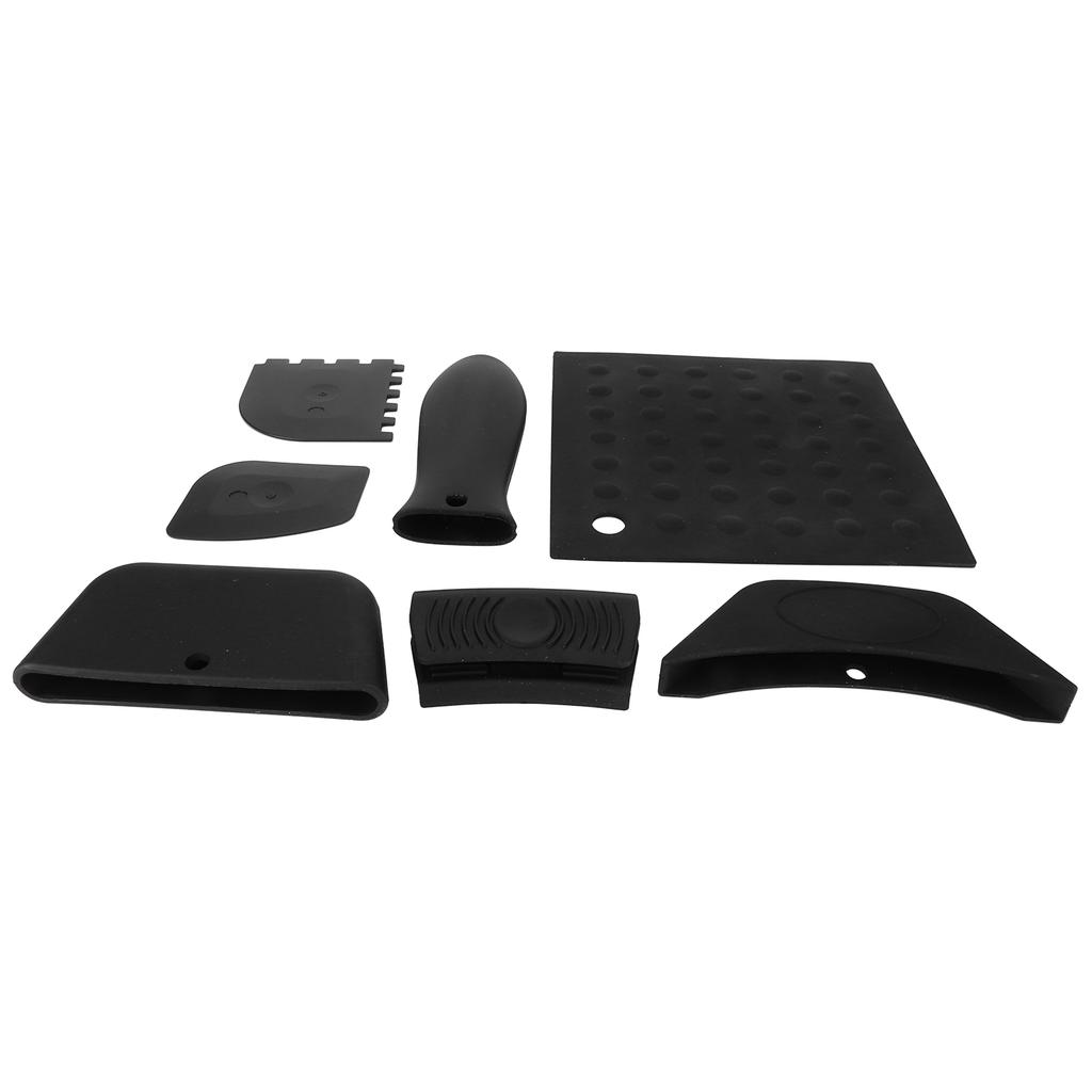 7Pcs Set Pot Holder AntiScald Silicone Grill Pan Scraper Handle Cover Set Kitchen Accessory(Black )