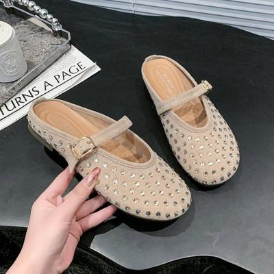 Women's Baotou Half Slippers Spring Buckle Round Head Single Shoes Hundred Flat Slippers