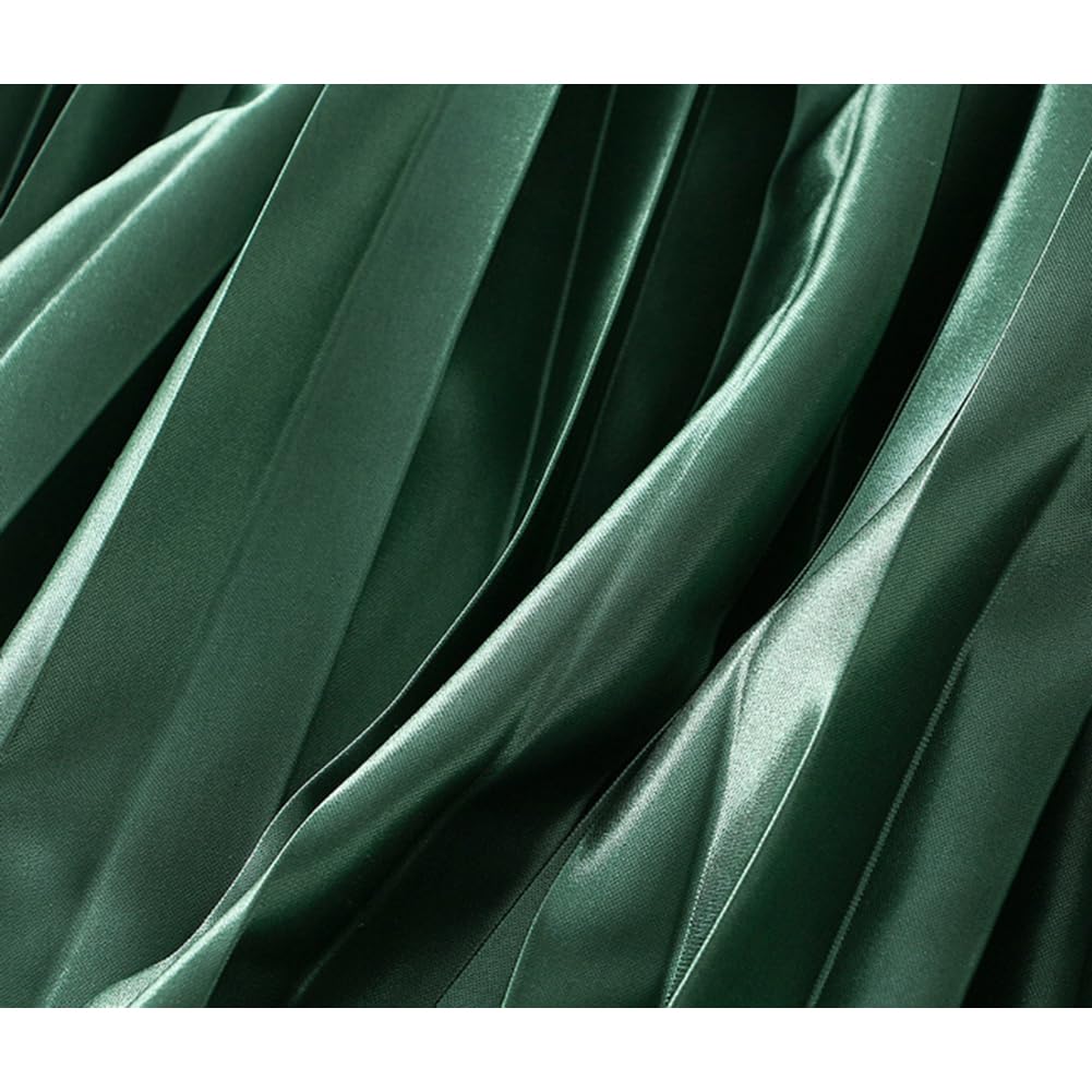 KANO SEIKA Pleated Long Flared Plus Elastic Everyday and Special Solid Green Women's Skirt, Skirt, Shiny, Size, A-Line Bottoms, Waist, Slimming,