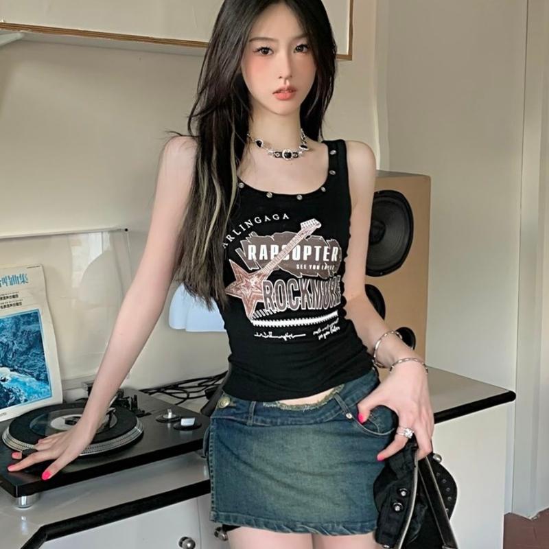 Dámské topy Y2K Retro trička bez rukávů Černé dívky Ležérní vesta Street Wear Letní vnitřní topy