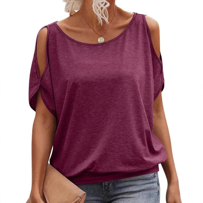 Fashion Off Shoulder Women T-shirt Loose Bat Short Sleeved Casual Top Casual Solid Color Shirts Ladies Lace-up Sweet Basic Tees O Neck Clothing