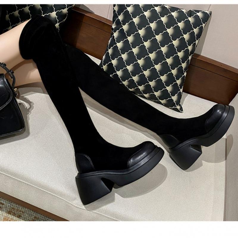 Black suede knee boots long boots women's autumn and winter new thick heel long boots elastic high thin boots