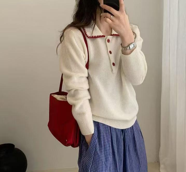 Women's Contrast Color Polo Collar Long-Sleeve Wool Knit Sweater - Loose Fit, Slimming Autumn Top