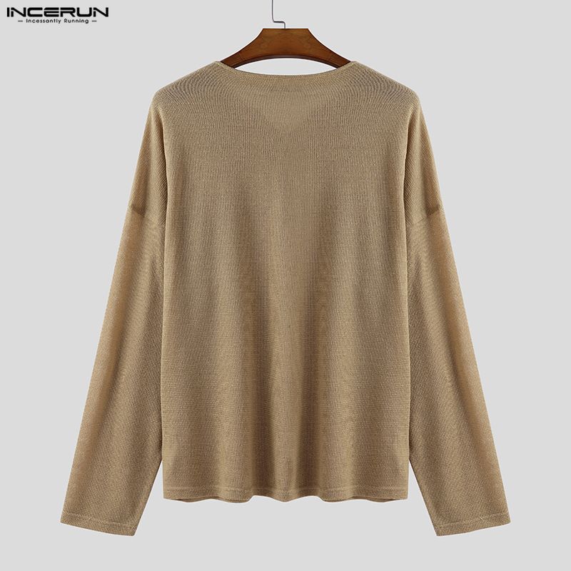 INCERUN Oversized Autumn Spring Men Casual Long Sleeve Texture T-shirts Tops