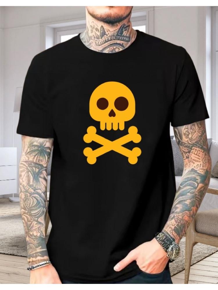 Unisexs Blue Cotton Tee Yellow Skull Crossbones Pirate Flat Graphic Crew Neck Short Sleeve Punk Male Oversized Casual Street Top