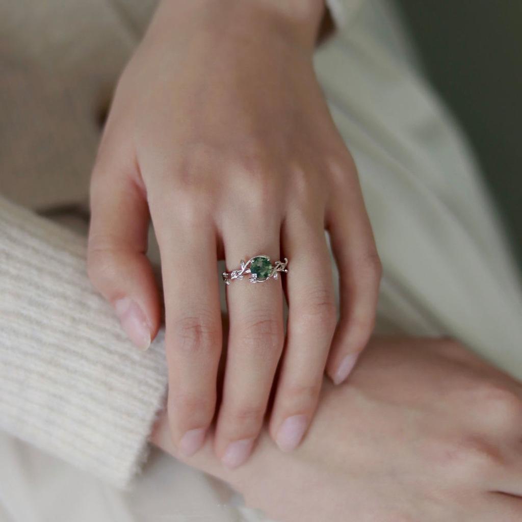 925 Silver Green Moss Ring with Water Grass Agate Stone Unique Elegant European American Jewelry Accessory