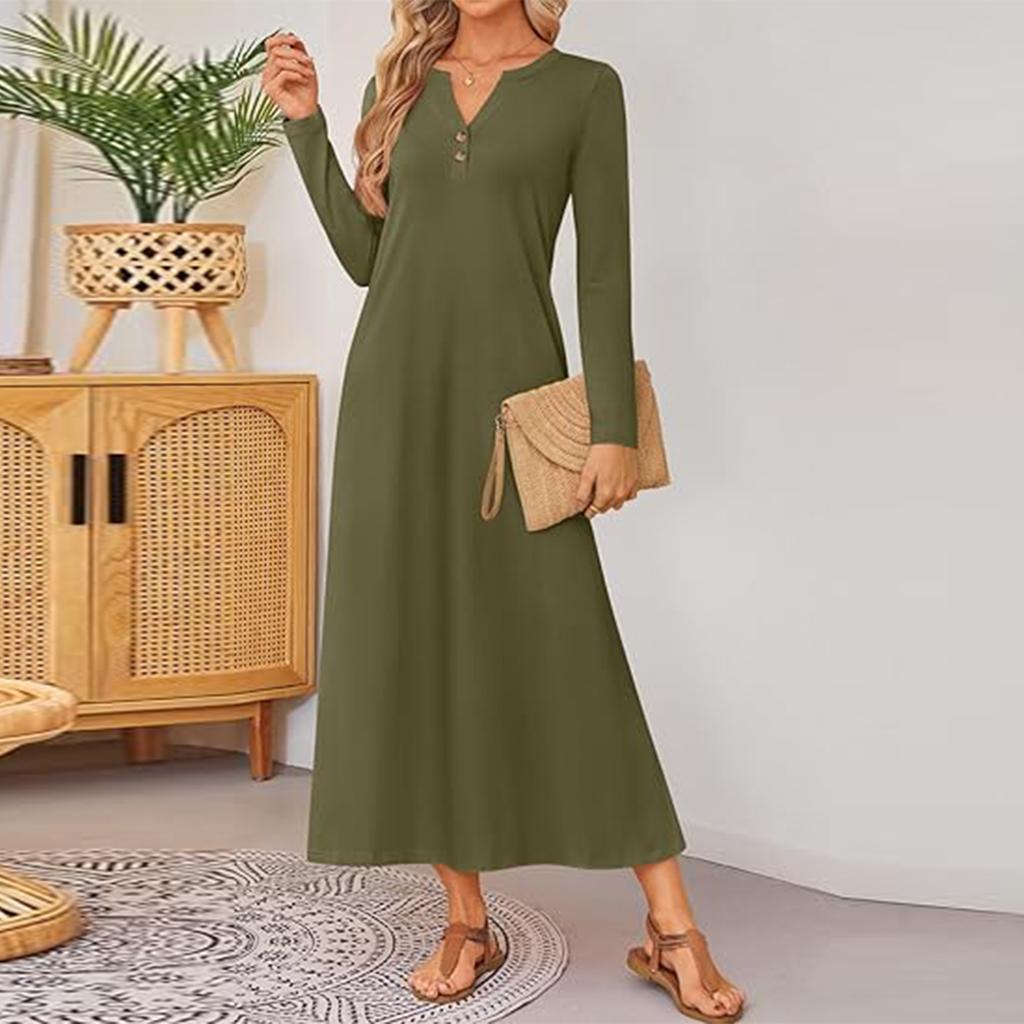 Women Solid-color Long-sleeved Comfortable Loose Dress, Elegant Dress