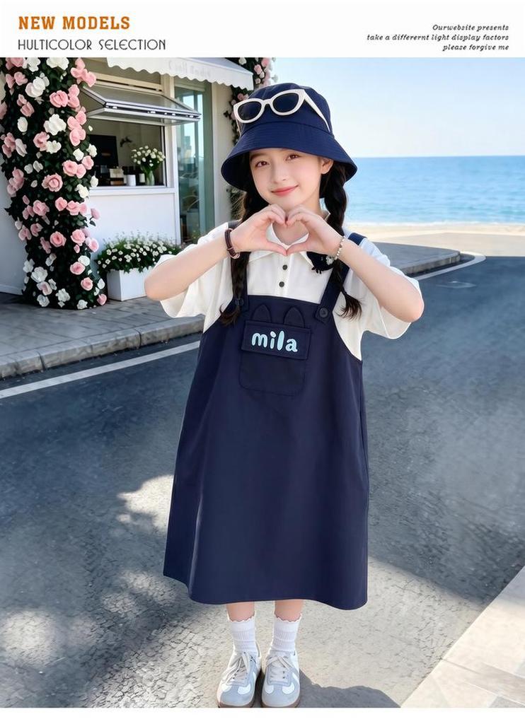 Girls' Summer 2026 Korean Style Letter Print Two-Piece Look Strap Dress - Stylish & Long