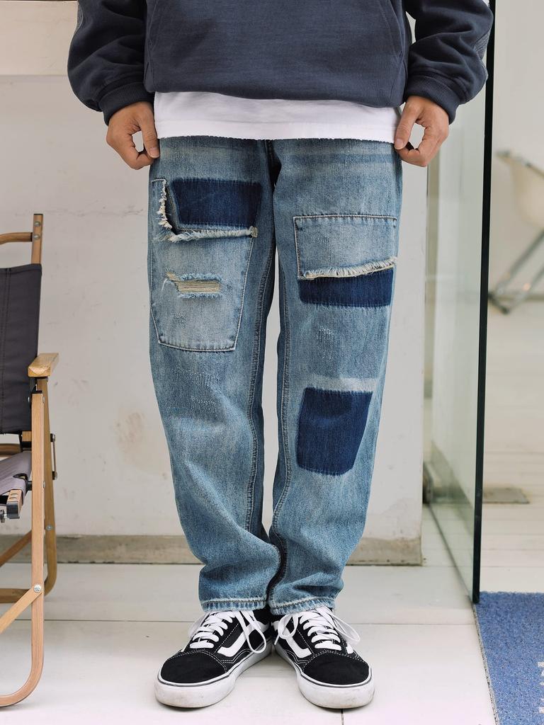 CHANGE WELL Men's Plus Size 2022AW Fashion American Vintage-Style Denim Pants, Straight Fit, Casual, Distressed Patch Jeans (BLUE, 28)