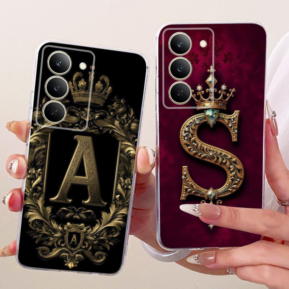 Cover For Realme 14x 5G India Case RMX3940 Transparent Luxury Crown A-Z Letters 2D Flat Pattern Soft Phone Case