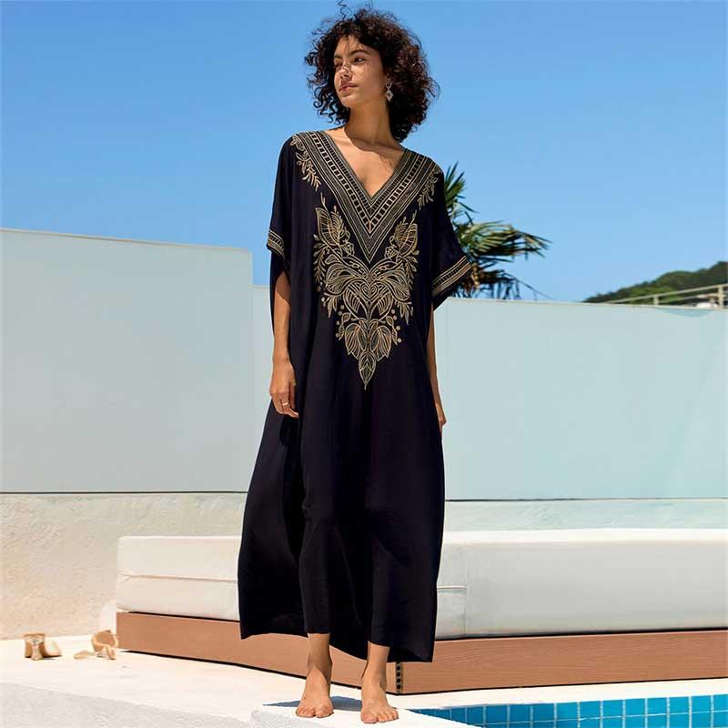 EDOLYNSA Chic Gold Thread Embroidered Plus Size Black Kaftan V Neck Dress 2024 Women Summer Beachwear Swimsuit Cover Up Loose Caftan Q1685