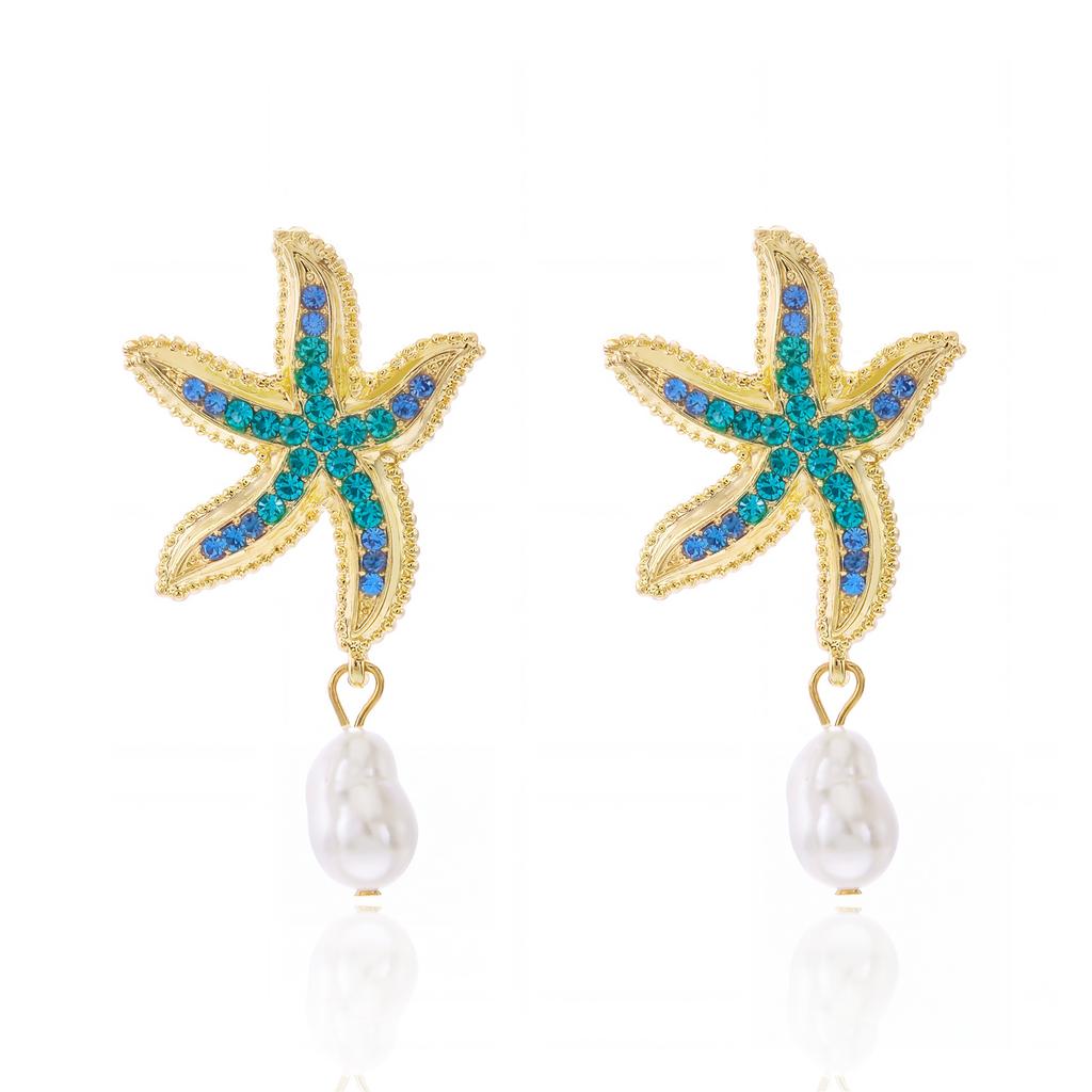 Summer Beach Starfish Dangle Earrings For Women Gradient Blue Rhinestone Baroque Pearl Drop Earring Mermaidcore Ocean Jewelry
