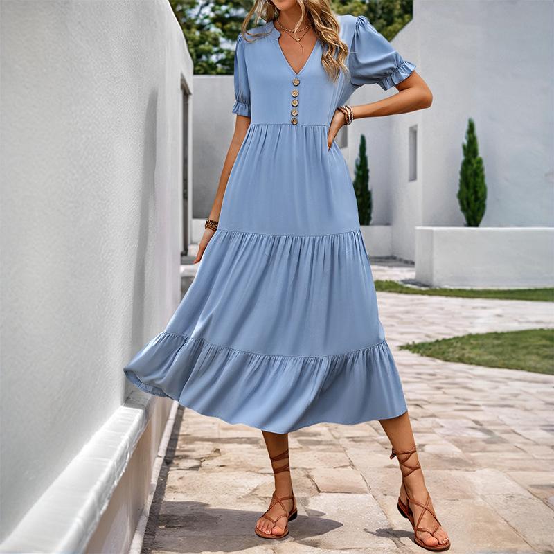 Summer A Line Solid Color Mid Length Stand Up Collar Casual Dresses