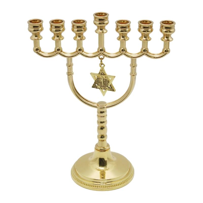 Hanukkah Menorah 7 Branch Holder Stand with Hexagonal Star Pendant X3UC