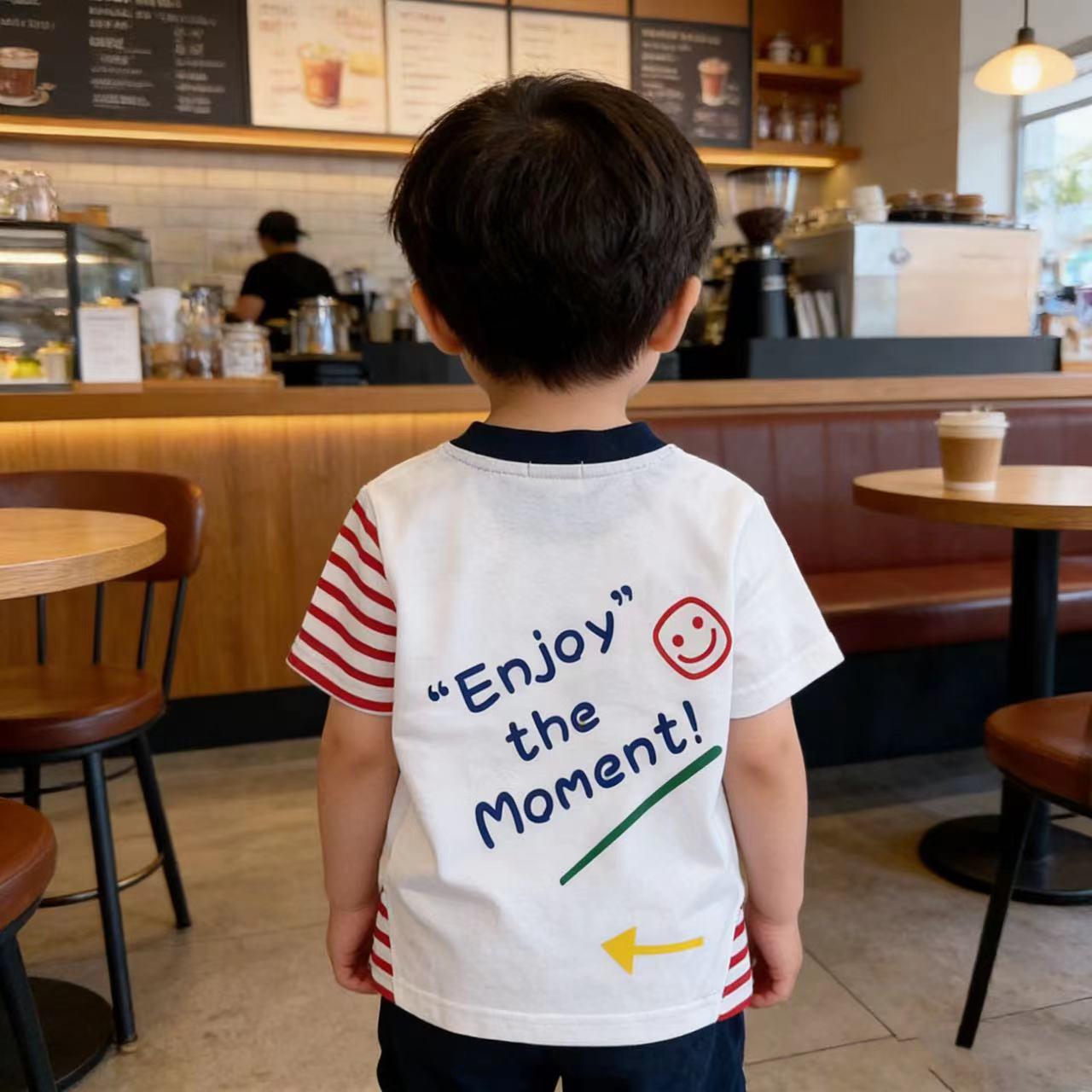 Boys  Cool Cartoon Stripe Patchwork T-shirt - 2026 Summer Short Sleeve 120 cm