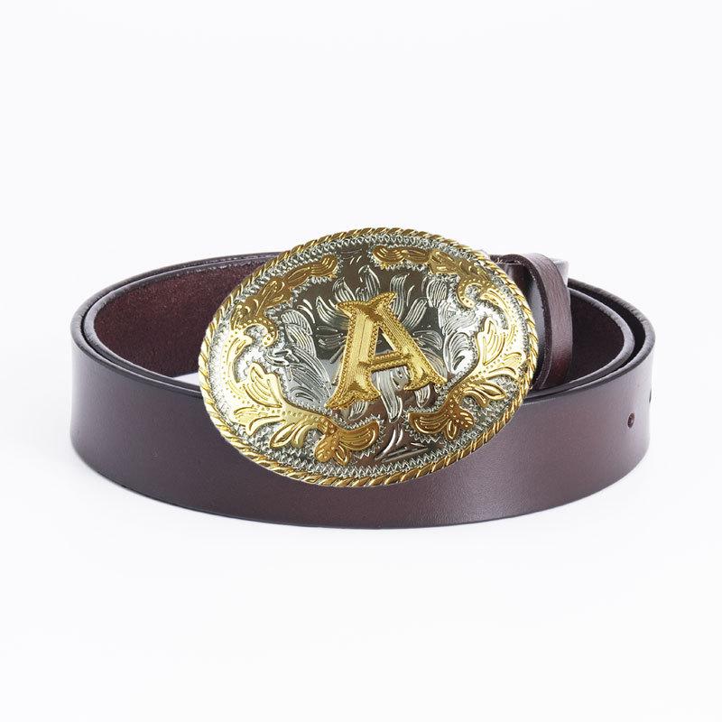 Western Cowboy White Gold Letter  A  Belt - Ethnic Pattern, Cowhide Oval Design 95 cm