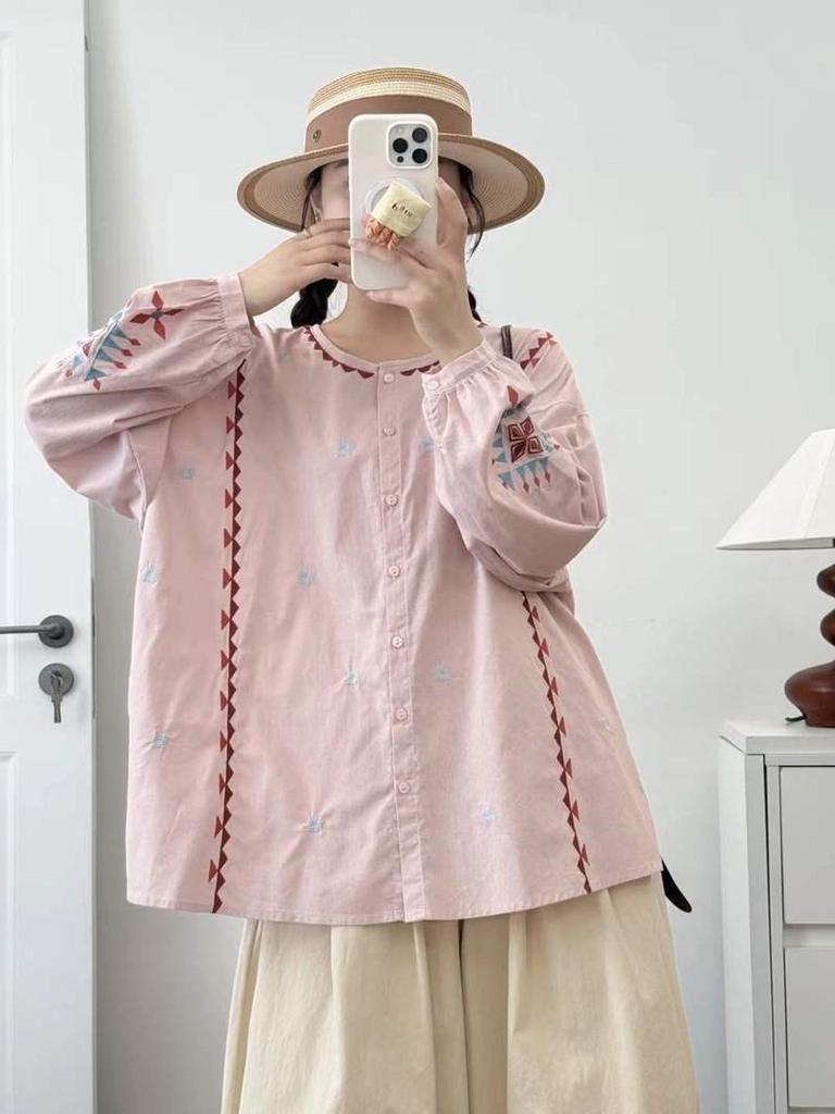 2025 Spring Retro Ethnic Embroidered Stand Collar Oversized Women's Cardigan Long Sleeve Shirt