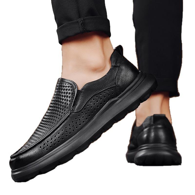 Summer Trend New Leather Surface Breathable Hollow Mesh One Pedal Fashion Casual Shoes Black Leather Shoes Men's Shoes