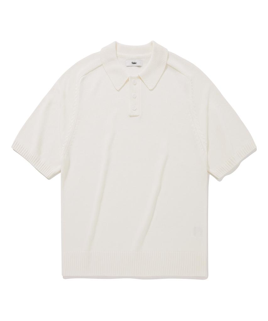 FALLETT Cotton Yarn Collared Short Sleeve Knit Ivory