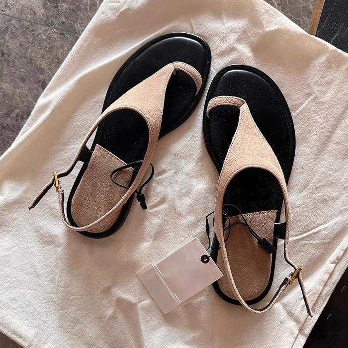 Soft Leather Version~ Retro Matte Leather Cover Toe Sandals Women's Round Head Outer Wear Casual Vacation Style Word with Flat Shoes