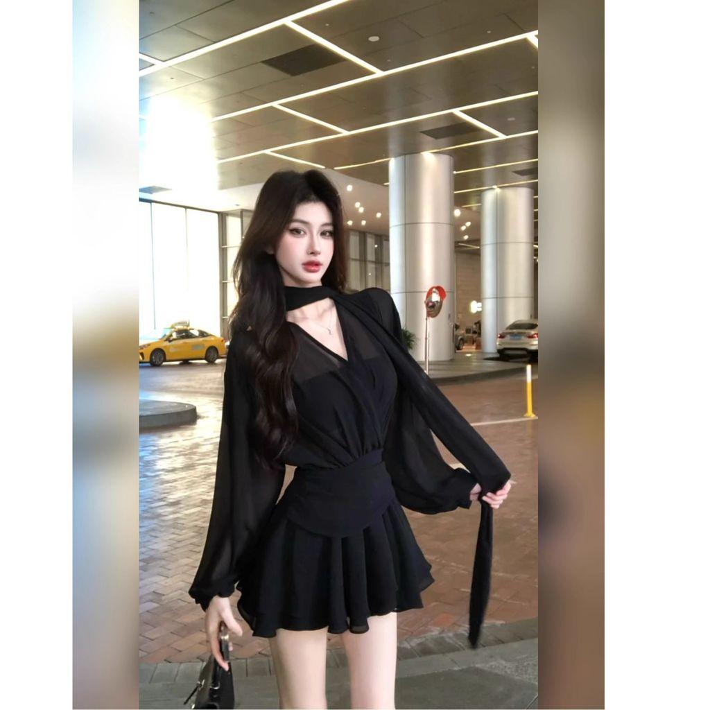 Elegant Polyester Long Sleeve Dress With Waist Cinch For Summer Party Wear