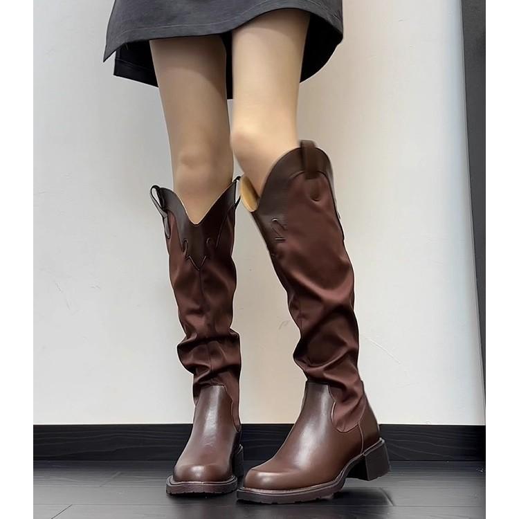 British style thick heel but knee boots women's 2025 new versatile tall tube pleated pile boots western knight boots