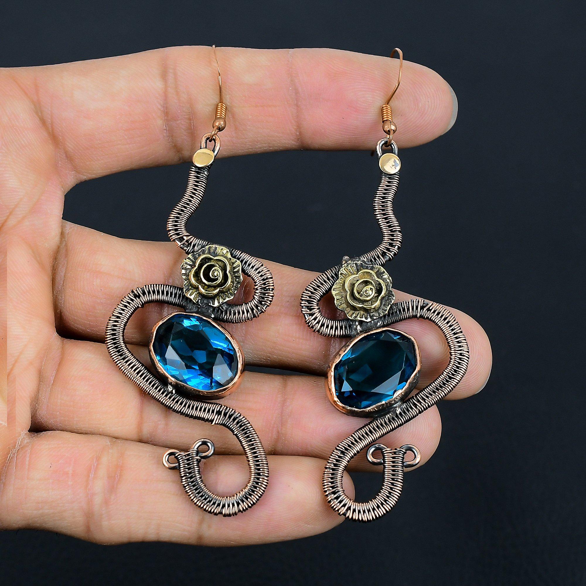 

Серьги с голубым топазом, Ювелирные изделия из драгоценных камней, обернутые медной проволокой 999 пробы, Серьги ручной работы, На День благодарения 2.55 Inches