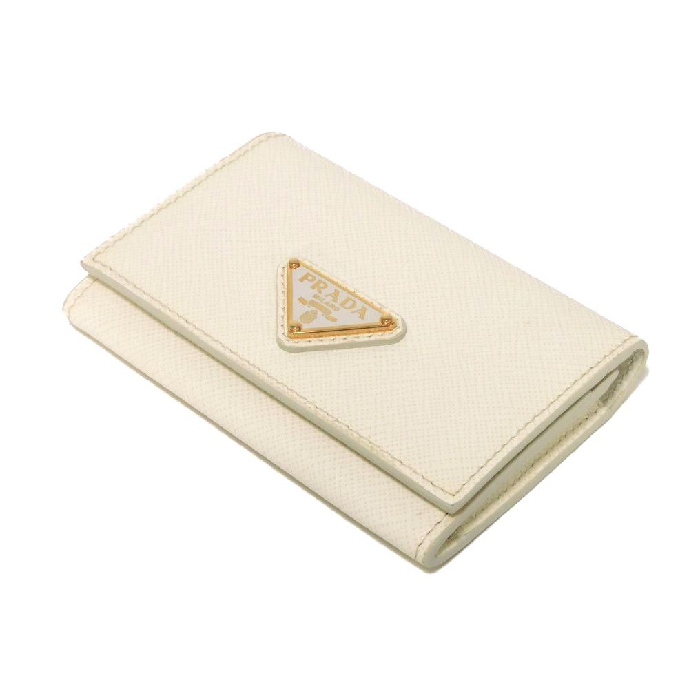 Used 11569 Saffiano Triangle Card Holder 1MC110 QHH F0009 7946 Current Calfskin White Bifold RFID Logo Bianco Unisex