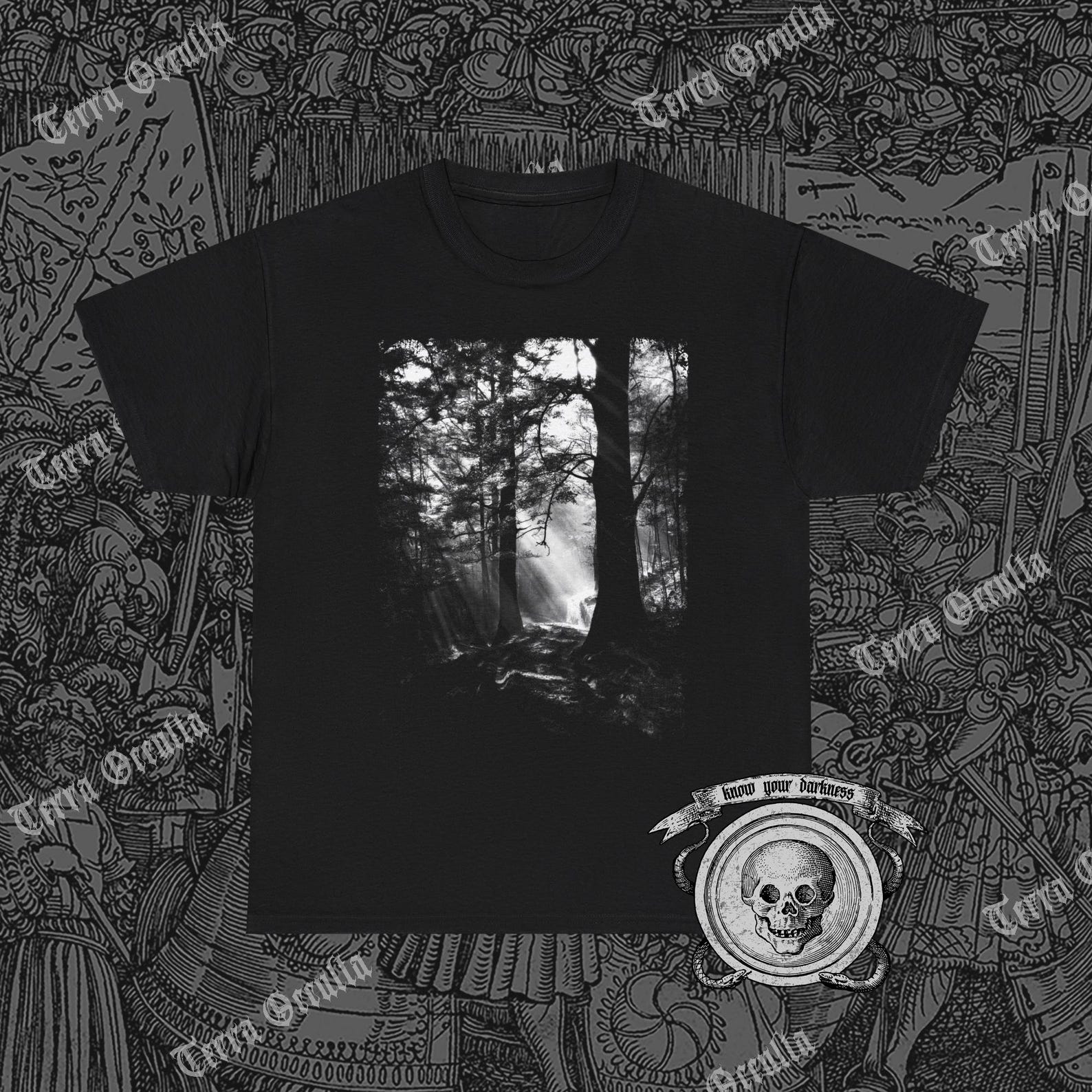 Sun Shining Through Trees Shirt, Misty Forest, Dark Woods, Nature Lover, Pagan XL