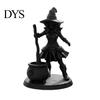 Matte Black Resin Craft Halloween Witch Cauldron Figurine, 3D Printed Spooky Statue with Pot, Fantasy Table Ornament Gothic Small Desktop for Tabletop
