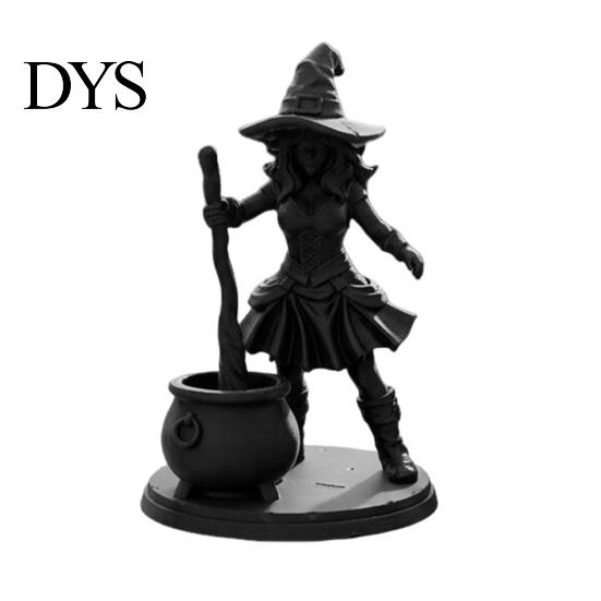 Matte Black Resin Craft Halloween Witch Cauldron Figurine, 3D Printed Spooky Statue with Pot, Fantasy Table Ornament Gothic Small Desktop for Tabletop