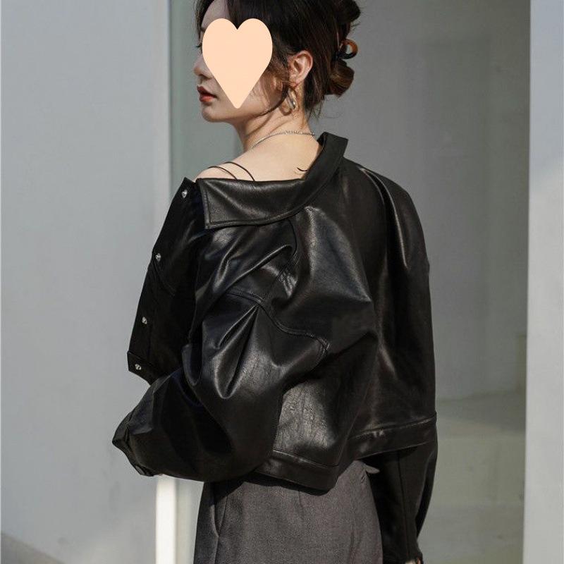 Women's Retro Loose-Fit Leather Motorcycle Jacket - Short Style 2025 for Spring & Autumn, Korean Version