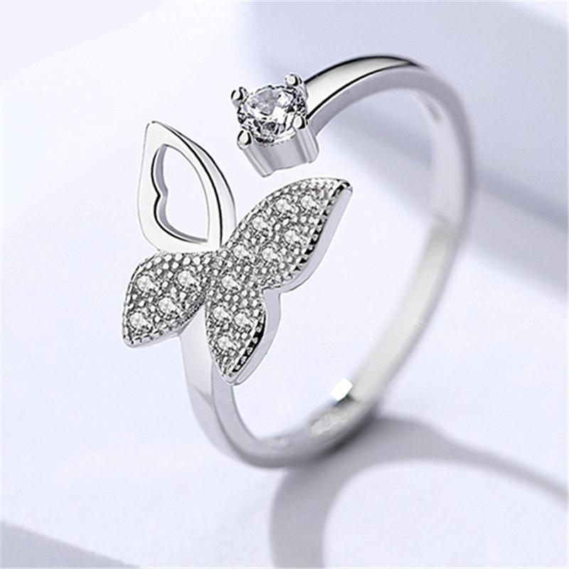 Buyee 925 Sterling Silver Sweet Ring Finger Cute Butterfly White Zircon Open Ring for Women Fashion Trend Fine Jewelry Circle