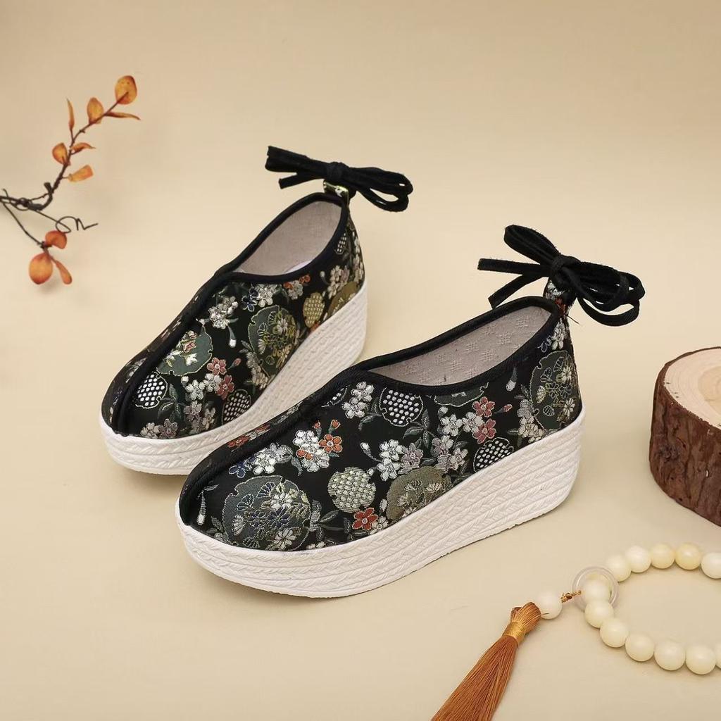 Zeppe Jacquard in Seta da Donna Scarpe Cheongsam Stile Etnico Suola Spessa Cinturino alla Caviglia Leggero Scarpe Hanfu Scarpe a Gonnellino Viso di Cavallo