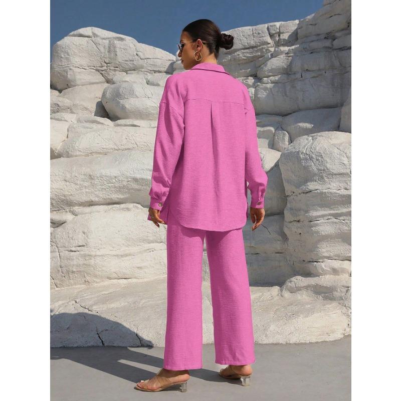 Women's Fashion Solid Color Collar Button Long Sleeve Top Elastic Waist Straight Pants Casual Set