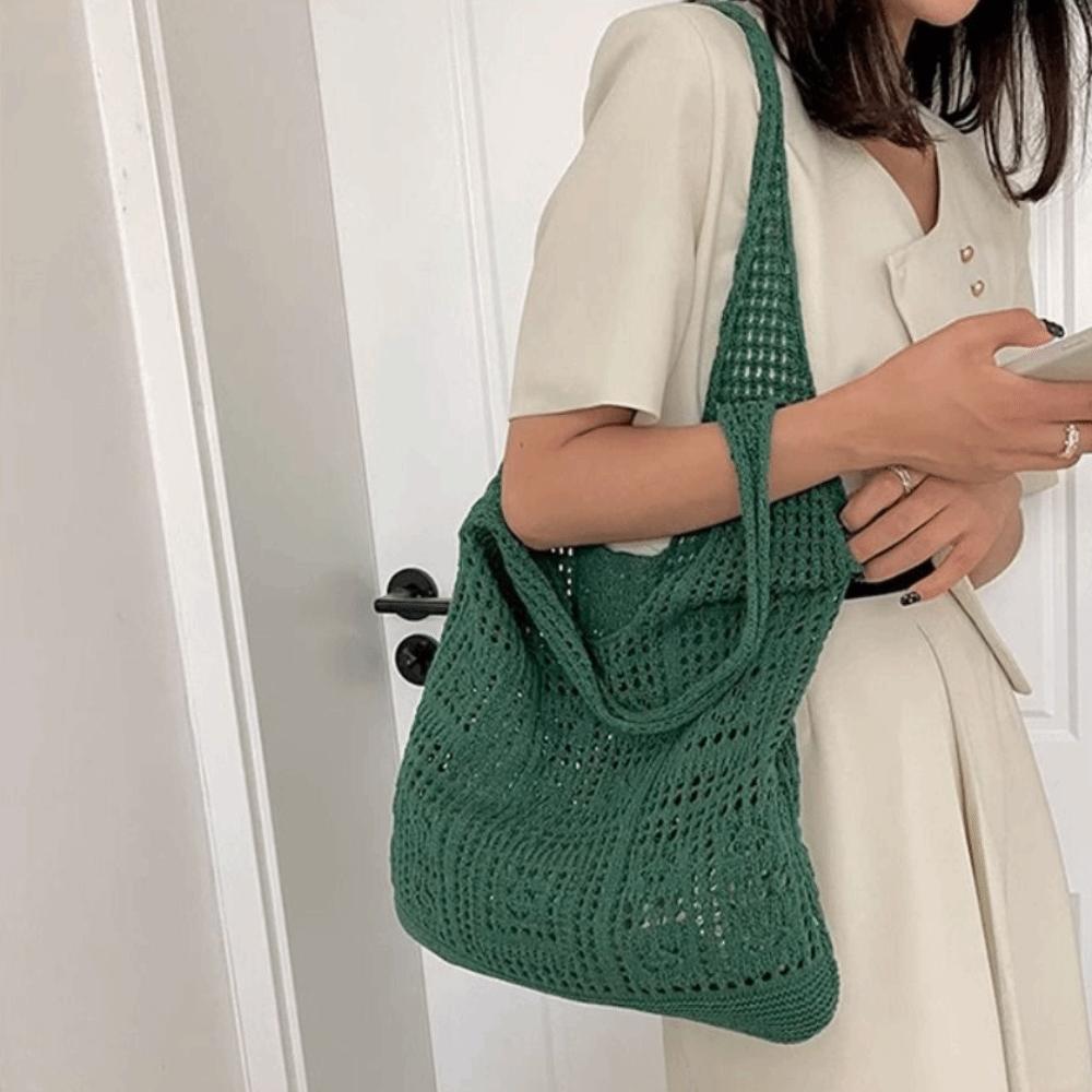 Woven Crochet Mesh Bag Solid Color Shopping Handbag Simple Knitting Shoulder Bag Summer