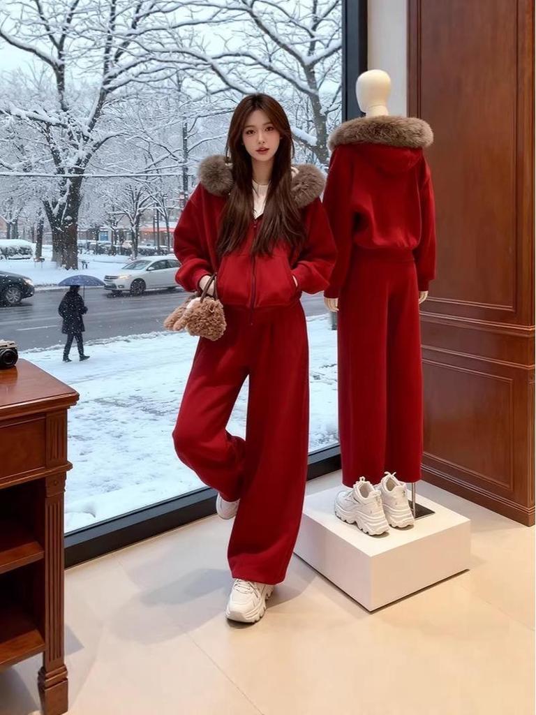 Women's Winter Red Sportswear Set with Fur Collar & Fleece Hoodie - Two-Piece Wide Leg Pants