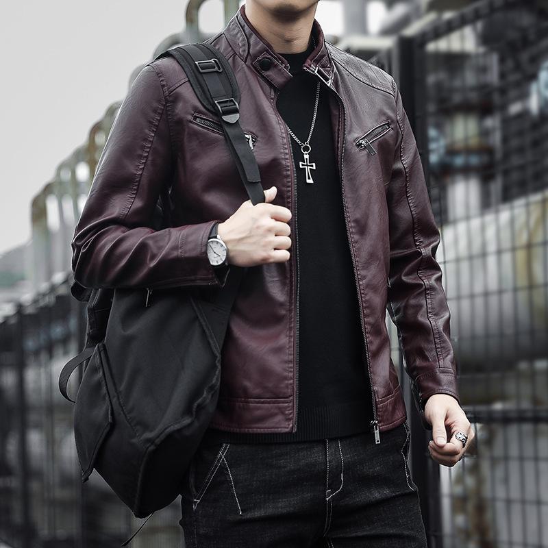 Men's men's leather jacket men's trendy teen stand-up collar punk men's motorcycle leather jacket