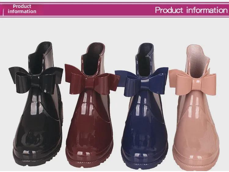Women's European & American Bow Low Tube Rain Boots - Fashionable Non-Slip PVC for Outdoor Wear.