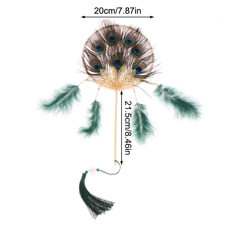 Chic Peacock Feather Round Fan Unique Antiquity Wedding Bride Hand Fan Shooting Props Home Decor